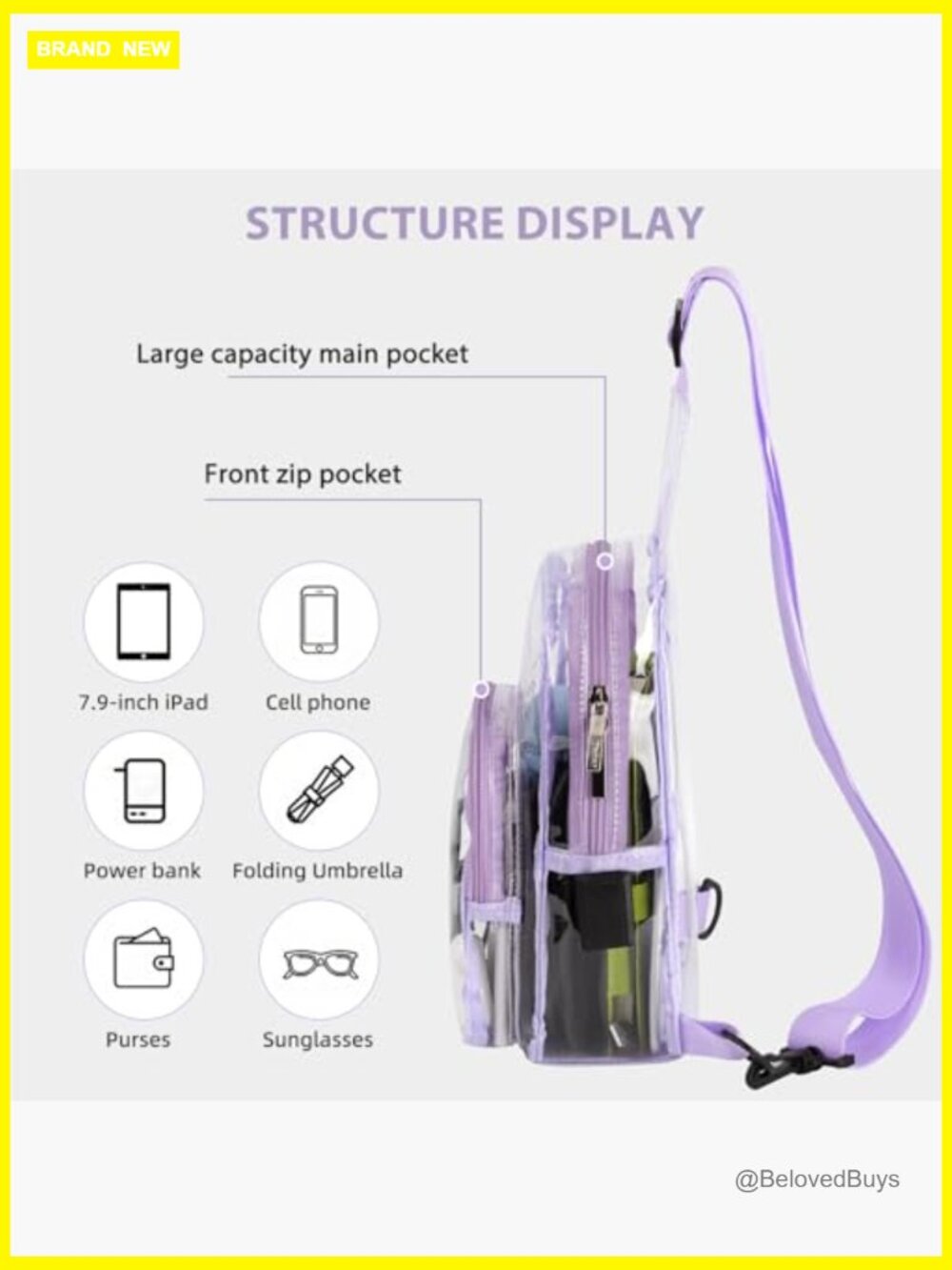 Clear PVC Sling Bag Stadium Approved Crossbody Chest Bag Type-C Port - Picture 5 of 7